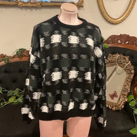 Vintage Geometric Print Crew Neck 100% Acrylic Sweater Long Sleeve Size L Black - Picture 1 of 4